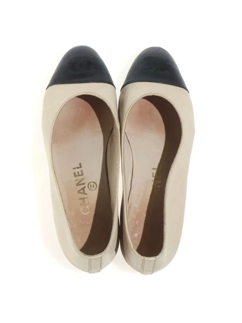 Chanel CC Logo Flat Shoes Pumps Leather Black Beige